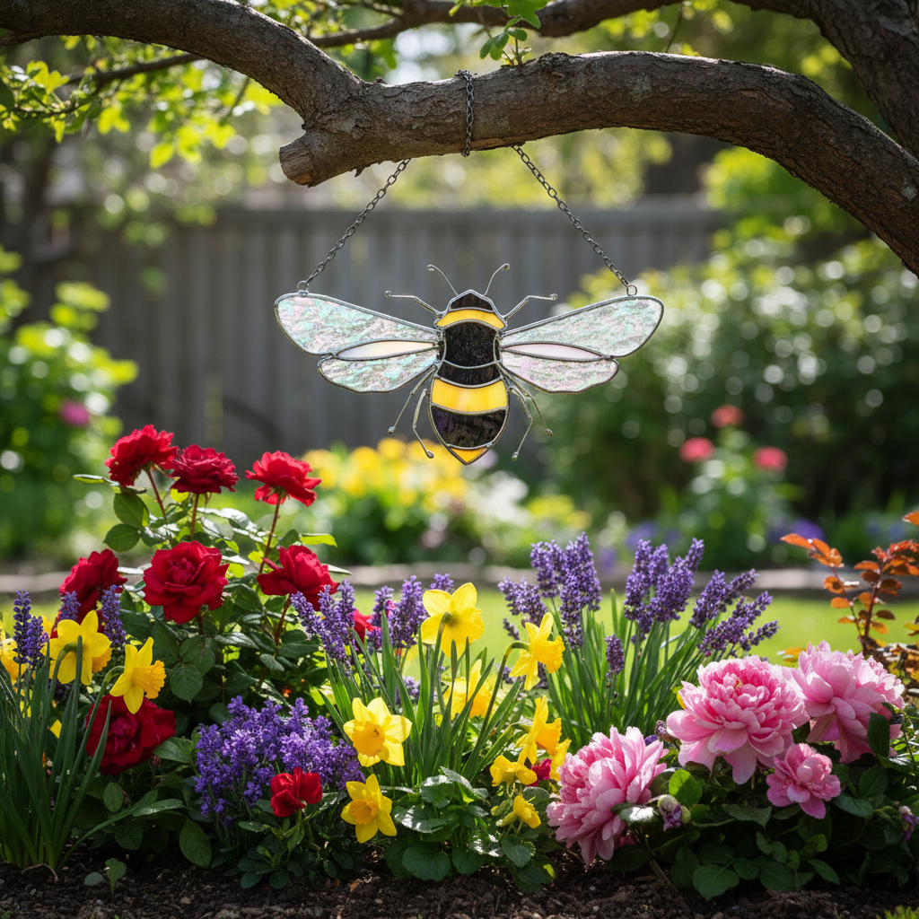 Stained Glass Bee Suncatcher - Black Frame