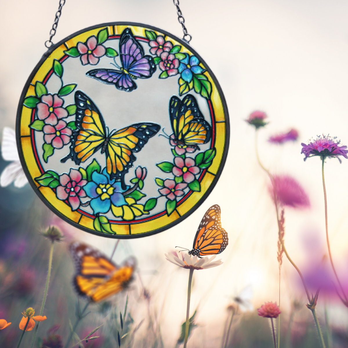 Round Painted Glass Butterfly Suncatcher
