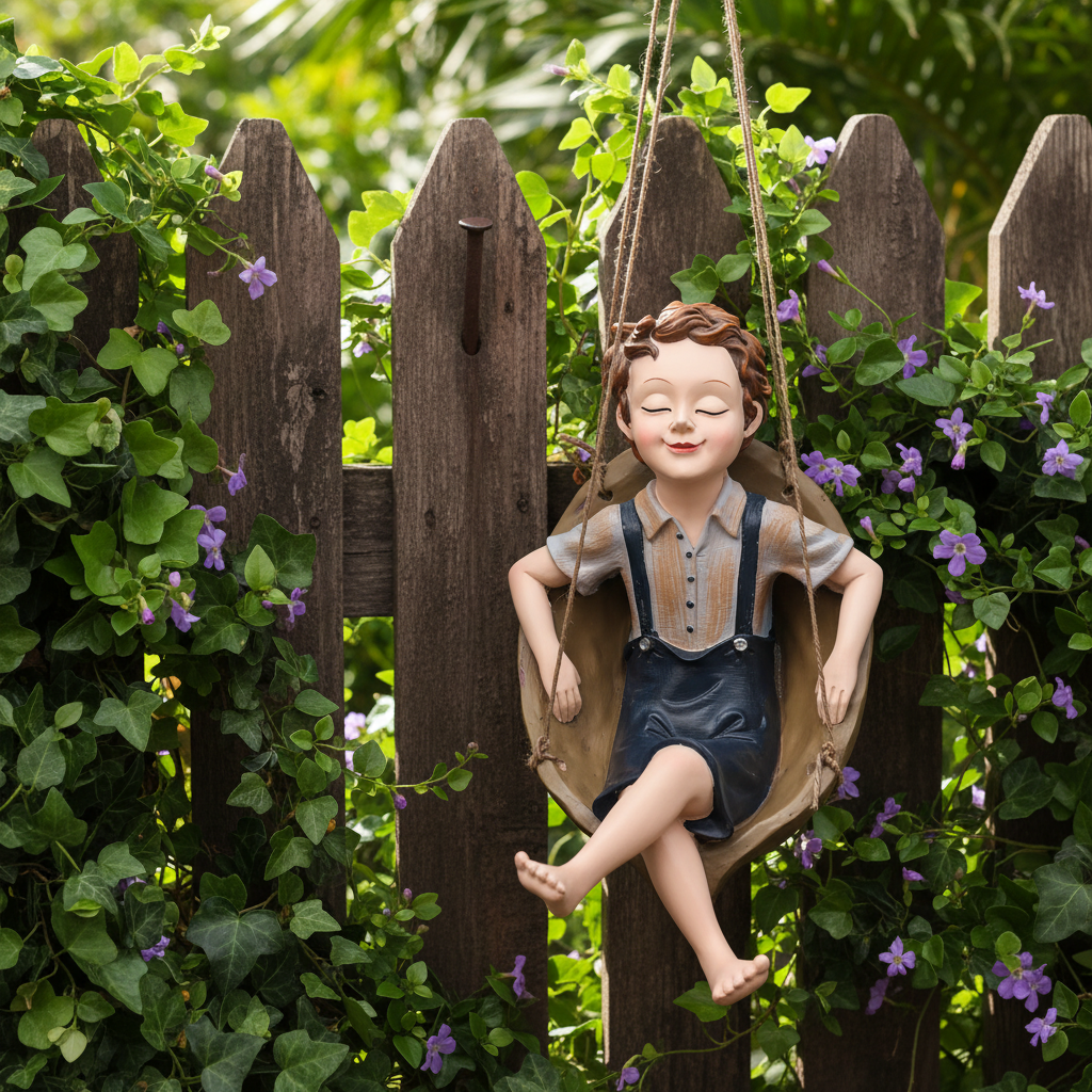 Hanging Boy on Swing Garden Ornament Figurine Rustic Home Decor Gift