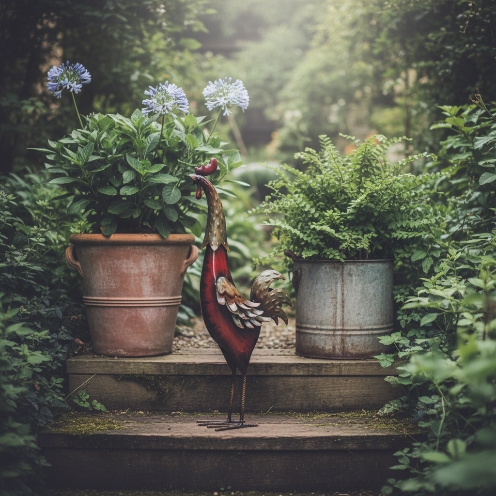 Red Metal Rooster Garden Ornament