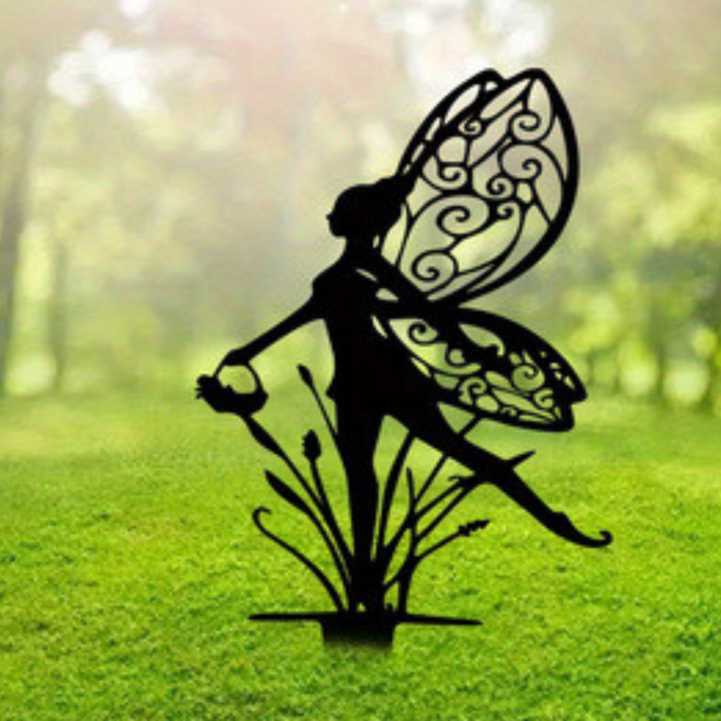 Fairy with Basket Silhouette Garden Stake