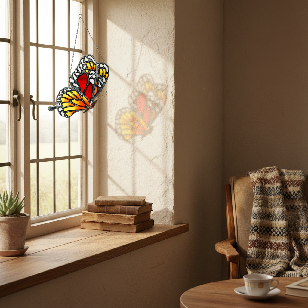 Stained Glass Butterfly Suncatcher, Orange Red