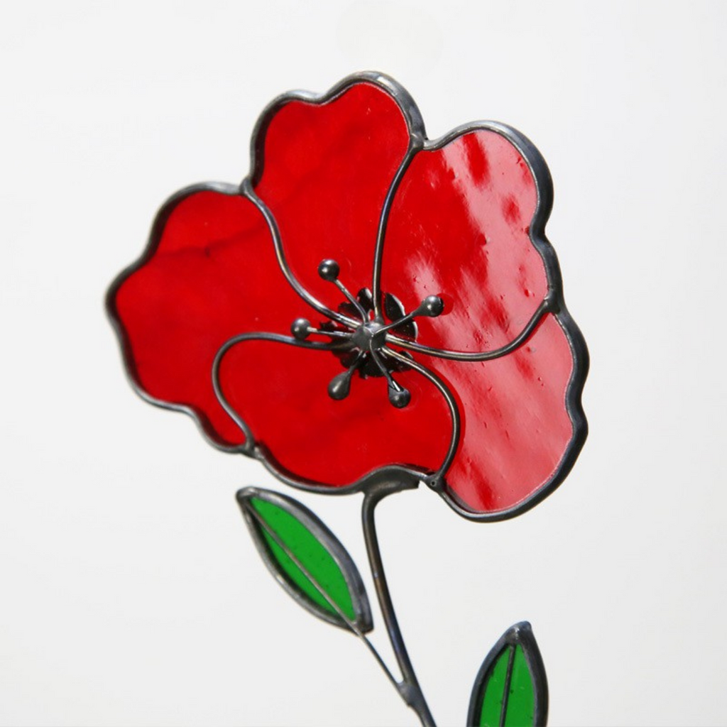 Stained Glass Red Poppy Garden Stake