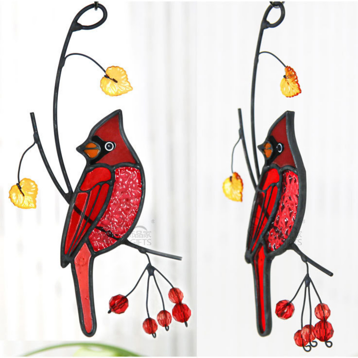 Red Cardinal with Berries Stained Glass Suncatcher