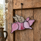 Pink Flying Pig Stained Glass Suncatcher