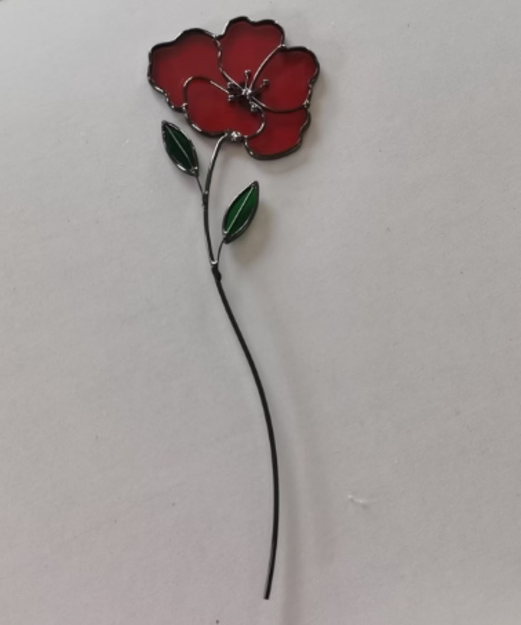 Stained Glass Red Poppy Garden Stake
