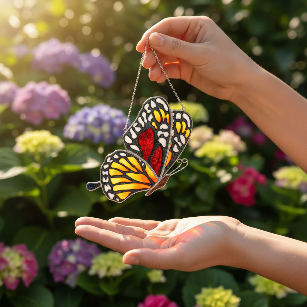 Stained Glass Butterfly Suncatcher, Orange Red