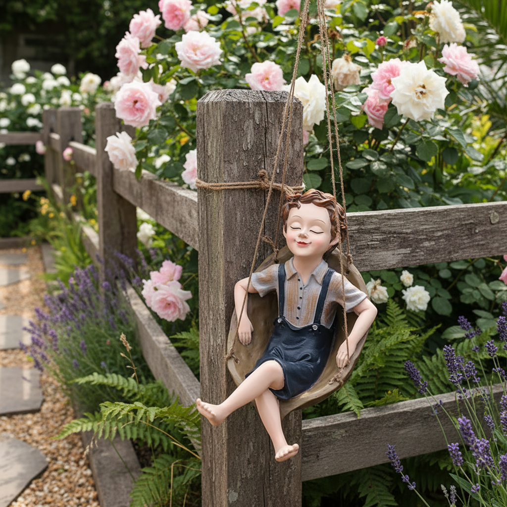 Hanging Boy on Swing Garden Ornament Figurine Rustic Home Decor Gift