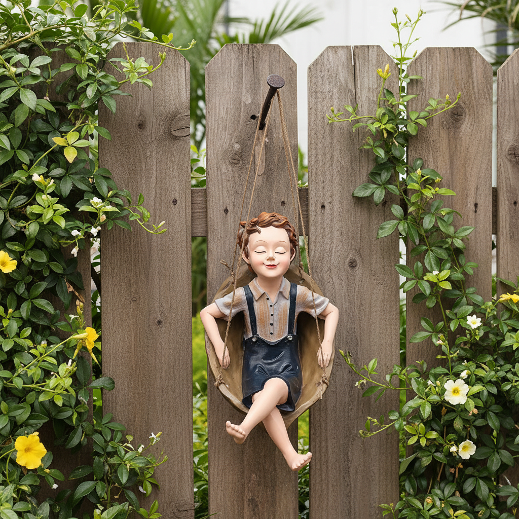 Hanging Boy on Swing Garden Ornament Figurine Rustic Home Decor Gift