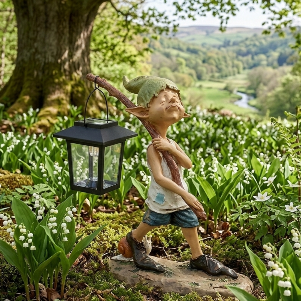 Solar Elf Garden Statue with Hanging Lantern