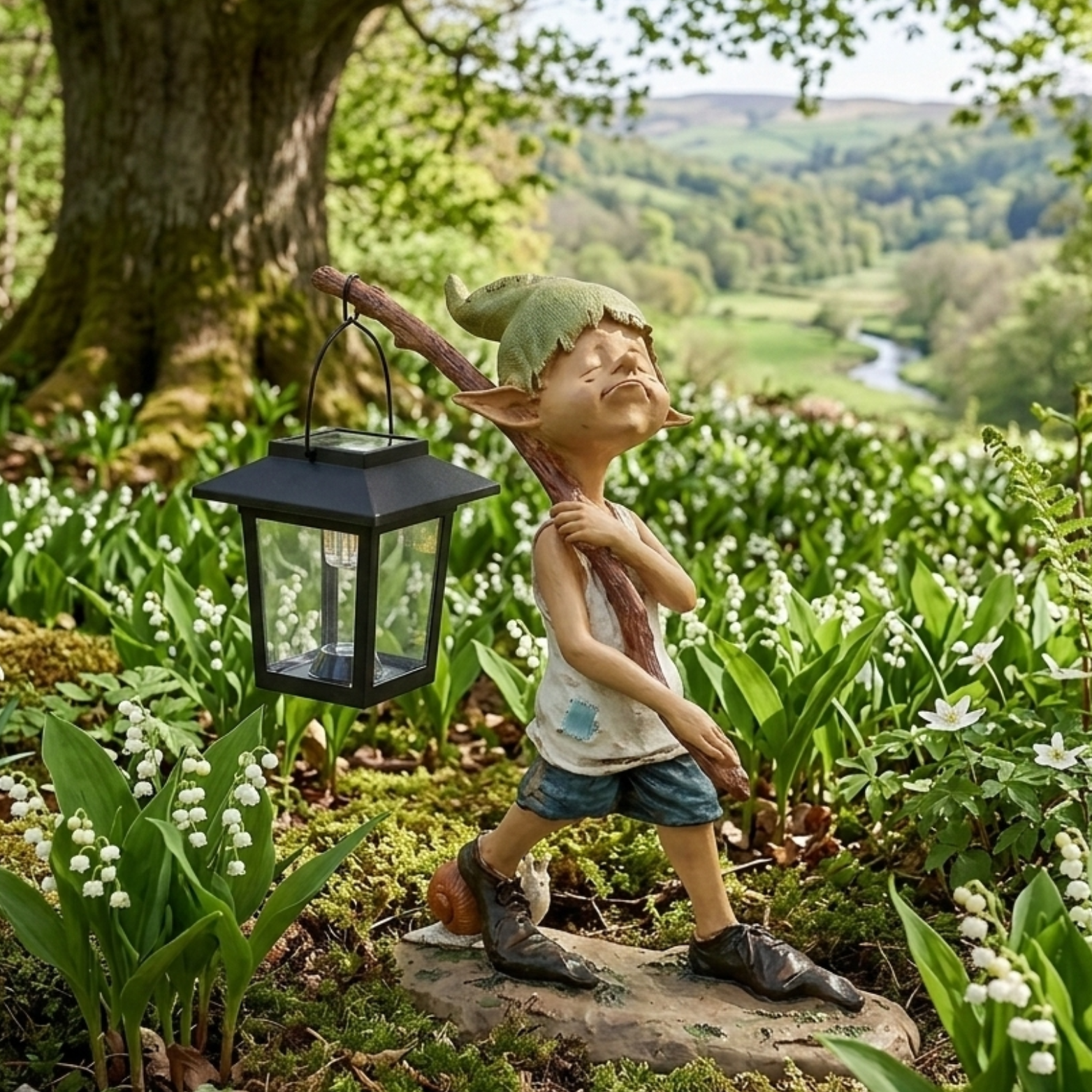 Solar Elf Garden Statue with Hanging Lantern