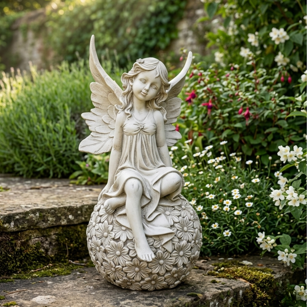 Angel on Daisy Floral Sphere Garden Statue