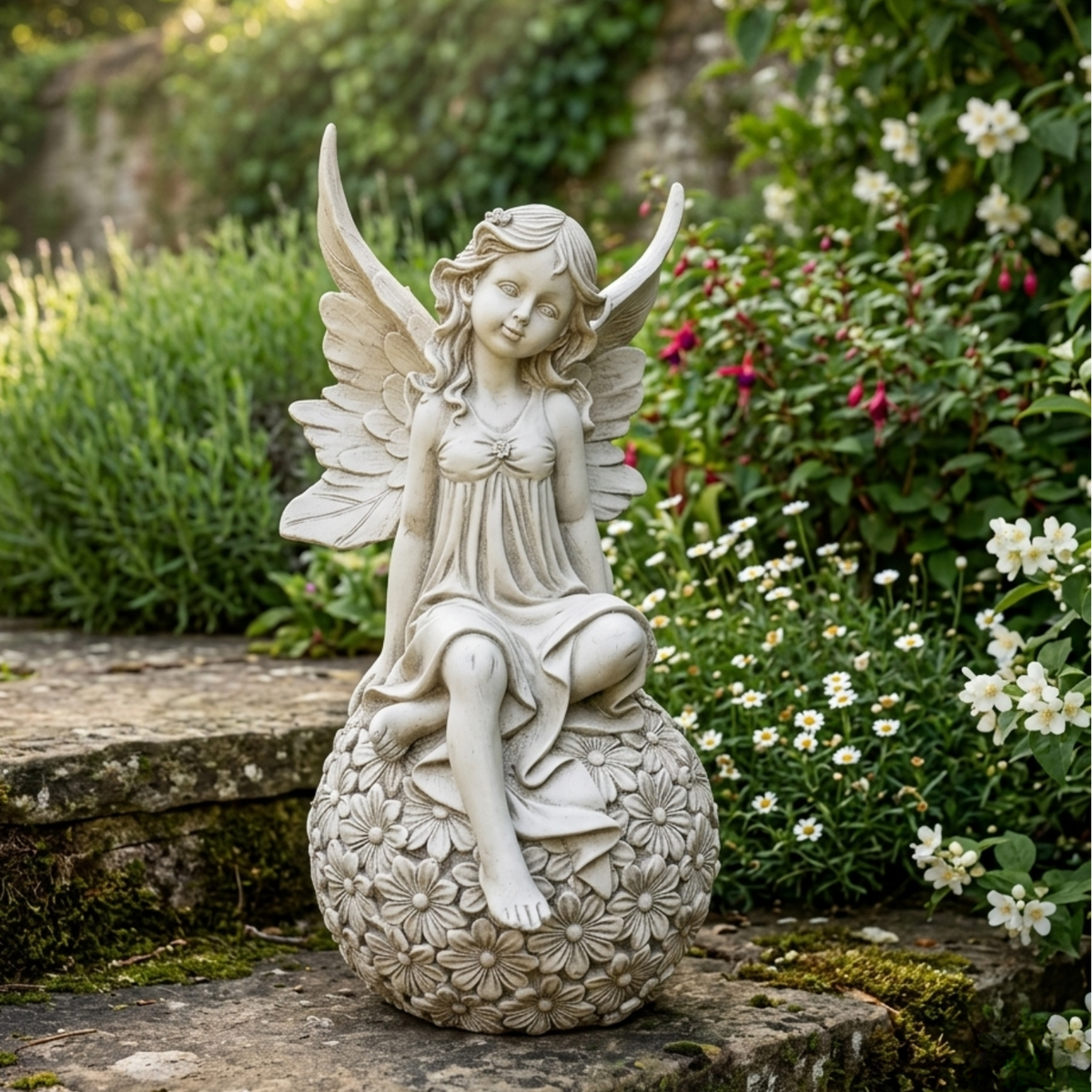 Angel on Daisy Floral Sphere Garden Statue