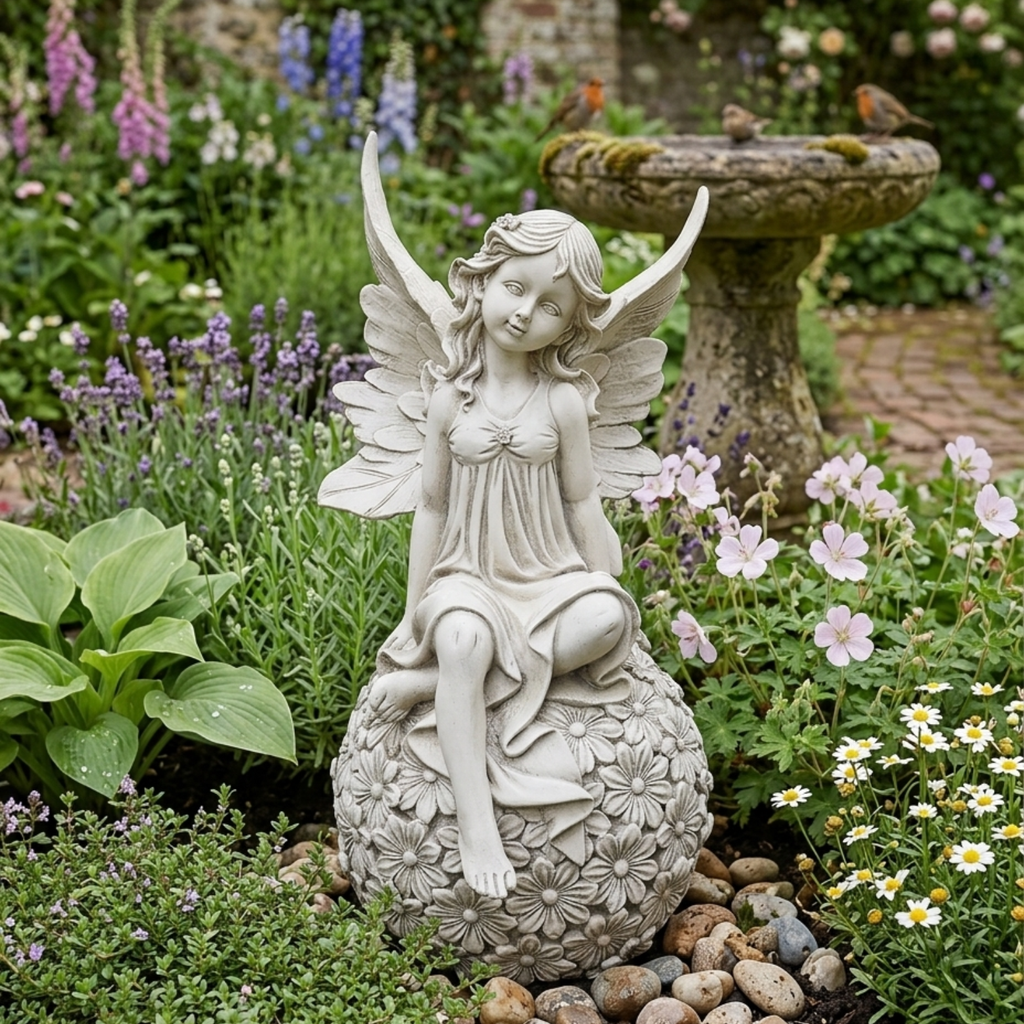 Angel on Daisy Floral Sphere Garden Statue