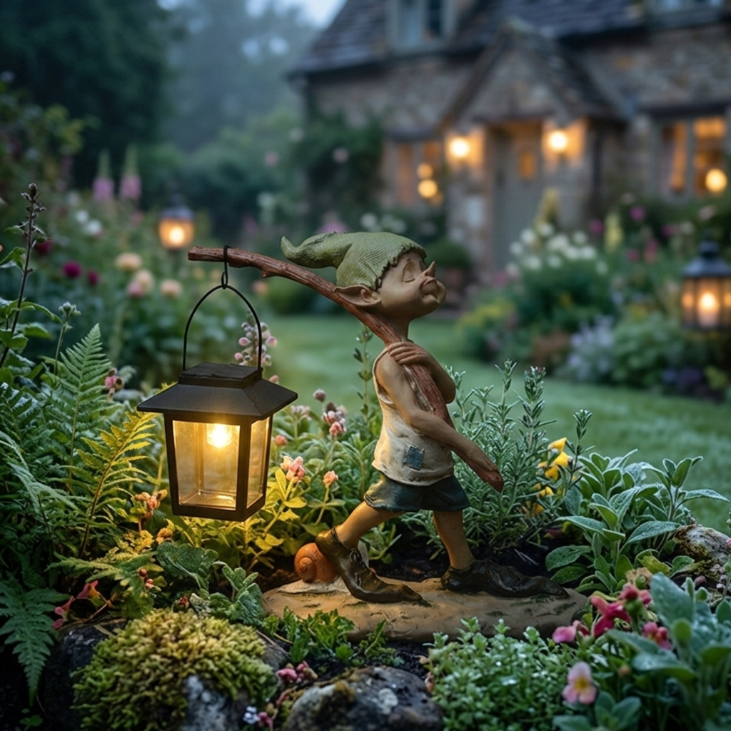 Solar Elf Garden Statue with Hanging Lantern