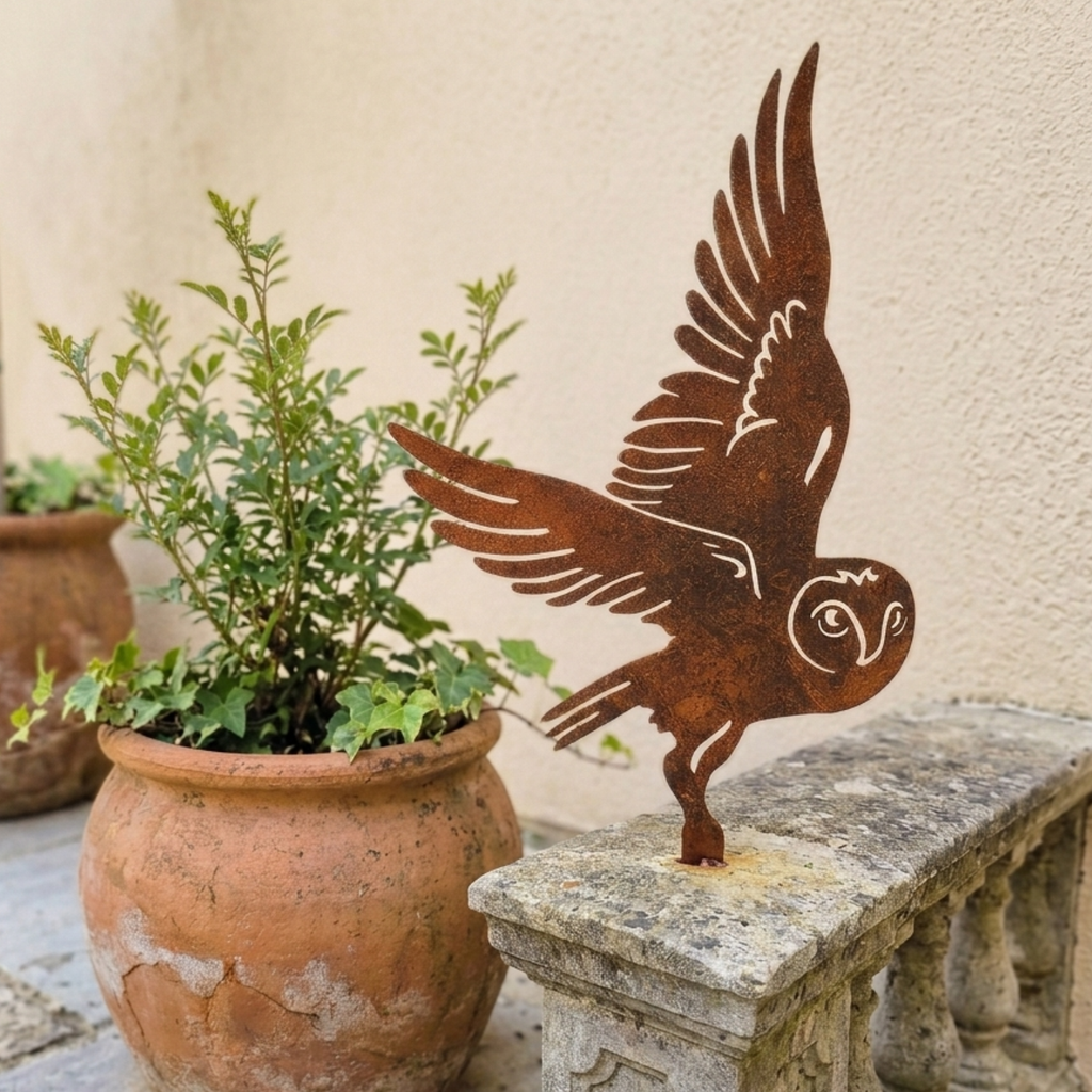 Rusty Metal Flying Owl Fence Topper