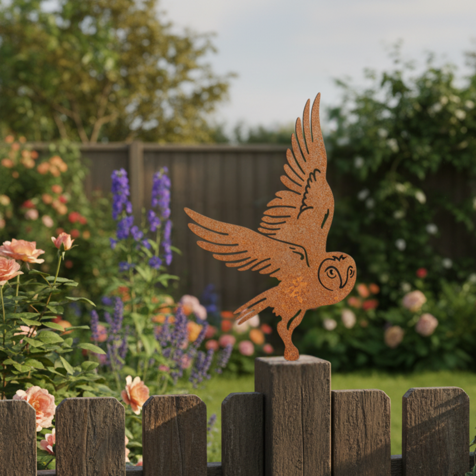 Rusty Metal Flying Owl Fence Topper