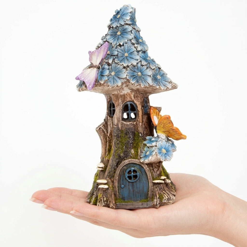 Blue Flower Tree Stump Fairy Garden House