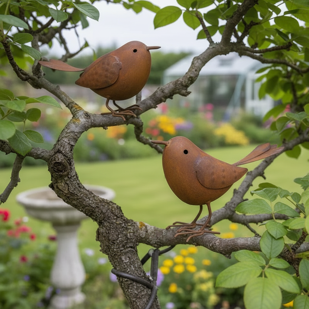 Pair of Rustic Metal Bird Ornaments